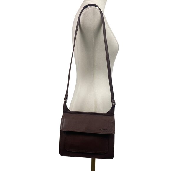 Fossil Women’s Brown Leather Flap Closure Adjustable Strap Crossbody Bag - Picture 9 of 14